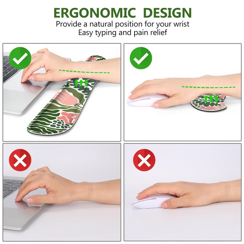 DINKY Keyboard Mouse Pad Set, Extended Gaming Mouse Pad and Keyboard Wrist Rest Support, Memory Foam Ergonomic XXL Desk Mat for Home Office Table Compute, Green Art Leaf - Image 4