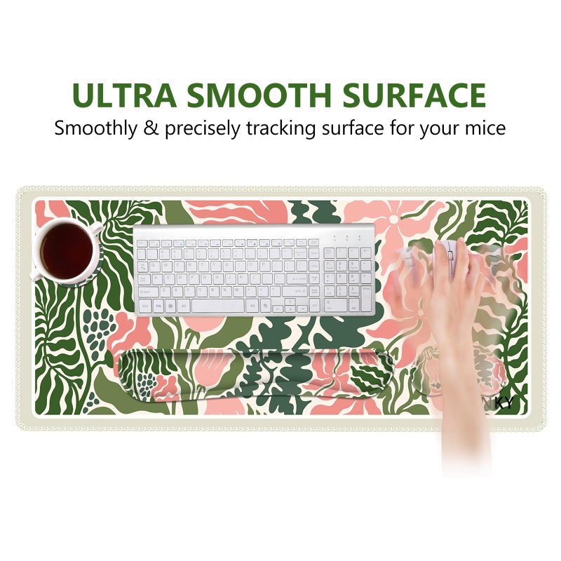 DINKY Keyboard Mouse Pad Set, Extended Gaming Mouse Pad and Keyboard Wrist Rest Support, Memory Foam Ergonomic XXL Desk Mat for Home Office Table Compute, Green Art Leaf - Image 3