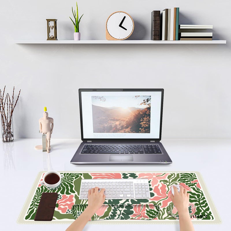 DINKY Keyboard Mouse Pad Set, Extended Gaming Mouse Pad and Keyboard Wrist Rest Support, Memory Foam Ergonomic XXL Desk Mat for Home Office Table Compute, Green Art Leaf - Image 2