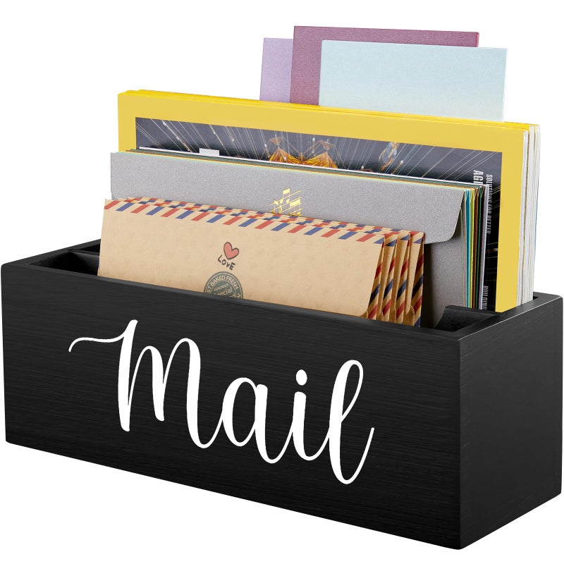 DRASTAR Mail Organizer, Mail Holder with 2 Slots, Mail Basket for Wall Table Countertop, Wood Desk Mail Organizer, Black Envelope Holder for Home Office Decor - Image 1