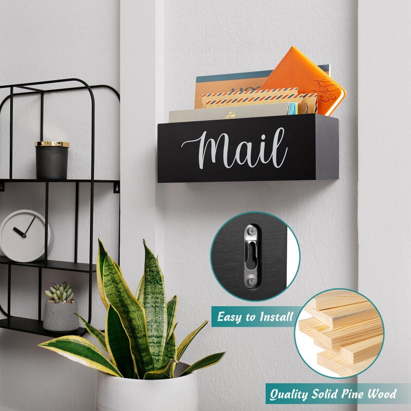 DRASTAR Mail Organizer, Mail Holder with 2 Slots, Mail Basket for Wall Table Countertop, Wood Desk Mail Organizer, Black Envelope Holder for Home Office Decor - Image 3