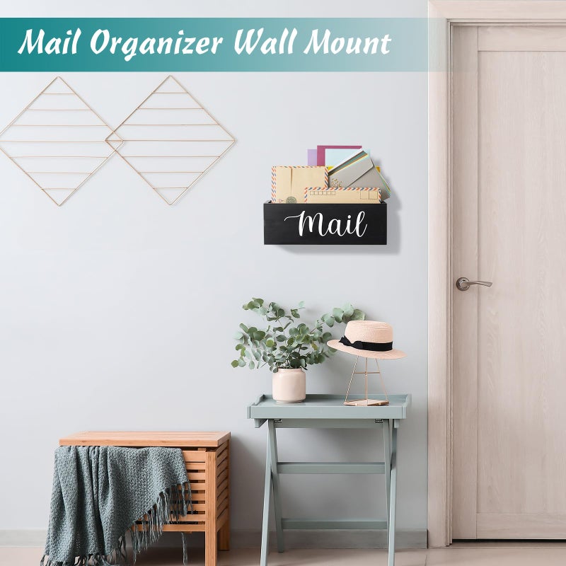 DRASTAR Mail Organizer, Mail Holder with 2 Slots, Mail Basket for Wall Table Countertop, Wood Desk Mail Organizer, Black Envelope Holder for Home Office Decor - Image 4
