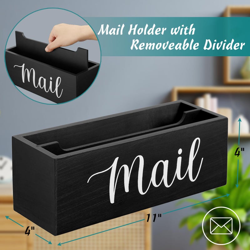 DRASTAR Mail Organizer, Mail Holder with 2 Slots, Mail Basket for Wall Table Countertop, Wood Desk Mail Organizer, Black Envelope Holder for Home Office Decor - Image 2