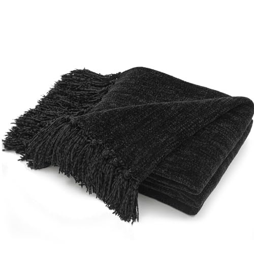 RECYCO Throw Blanket Soft Cozy Chenille Throw Blanket with Fringe Tassel for Couch Sofa Chair Bed Living Room Gift (Black, 60" x 80") - Image 1