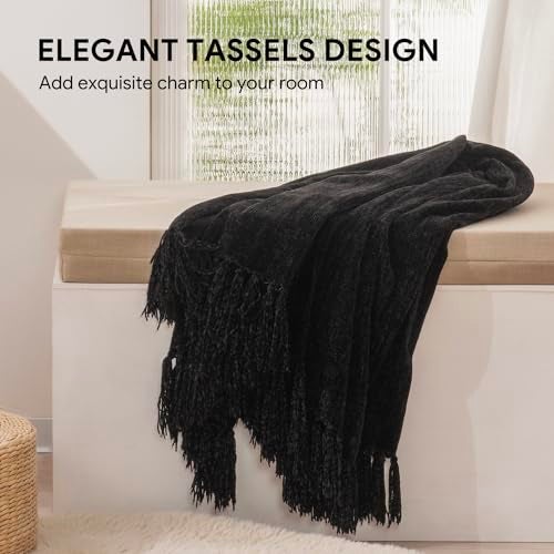 RECYCO Throw Blanket Soft Cozy Chenille Throw Blanket with Fringe Tassel for Couch Sofa Chair Bed Living Room Gift (Black, 60" x 80") - Image 2