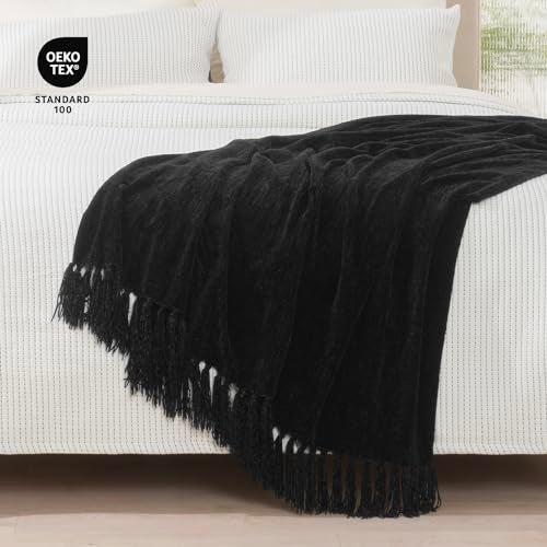 RECYCO Throw Blanket Soft Cozy Chenille Throw Blanket with Fringe Tassel for Couch Sofa Chair Bed Living Room Gift (Black, 60" x 80") - Image 5