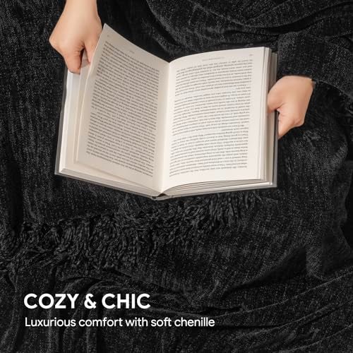 RECYCO Throw Blanket Soft Cozy Chenille Throw Blanket with Fringe Tassel for Couch Sofa Chair Bed Living Room Gift (Black, 60" x 80") - Image 3