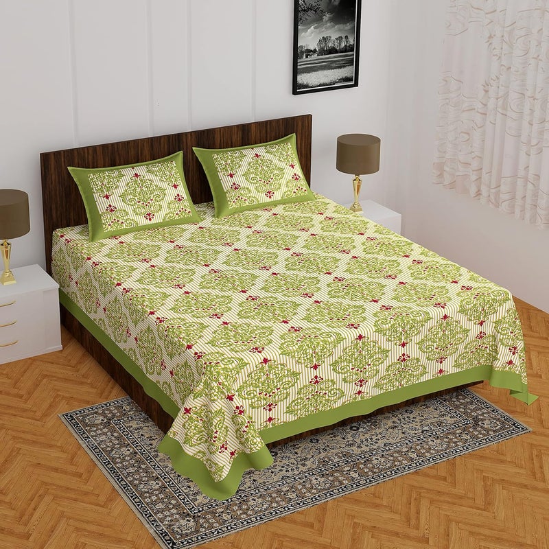 Meejoya 100 Cotton Rajasthani Jaipuri Traditional King Size Double Bed Bedsheet With 2 Pillow CoversJaipurbed_1160 TCGreen - Image 2