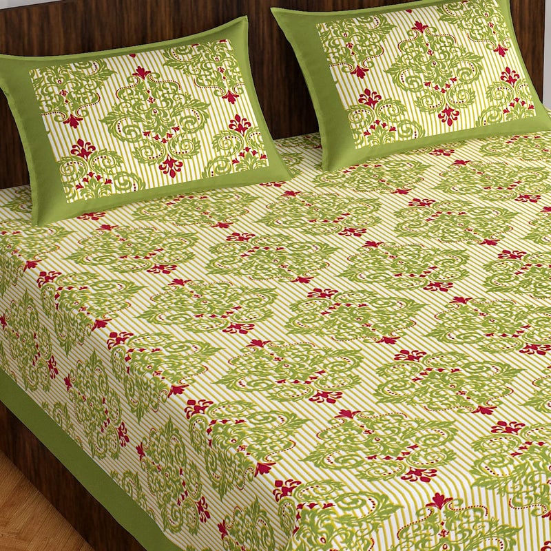 Meejoya 100 Cotton Rajasthani Jaipuri Traditional King Size Double Bed Bedsheet With 2 Pillow CoversJaipurbed_1160 TCGreen - Image 1