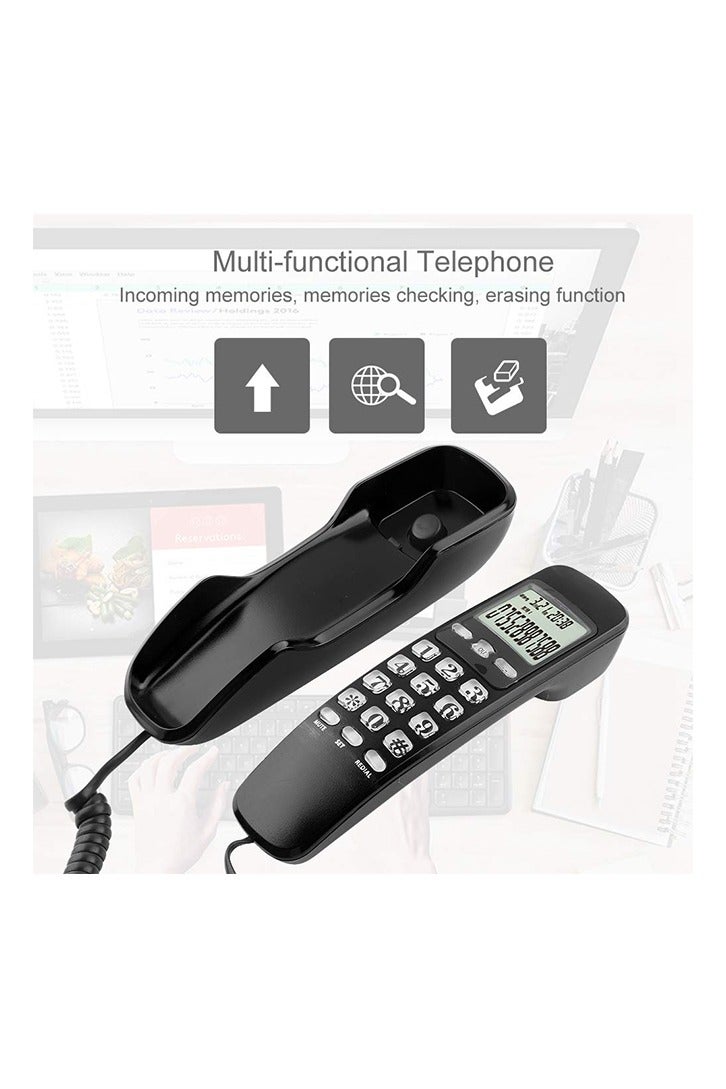 Mini Wired DTMF/FSK Wall-Mount Telephone with LCD Display for Caller ID, Home/Office/Hotel Landline Phone with 38-Number Memory/Redial Function (Black) - Image 2