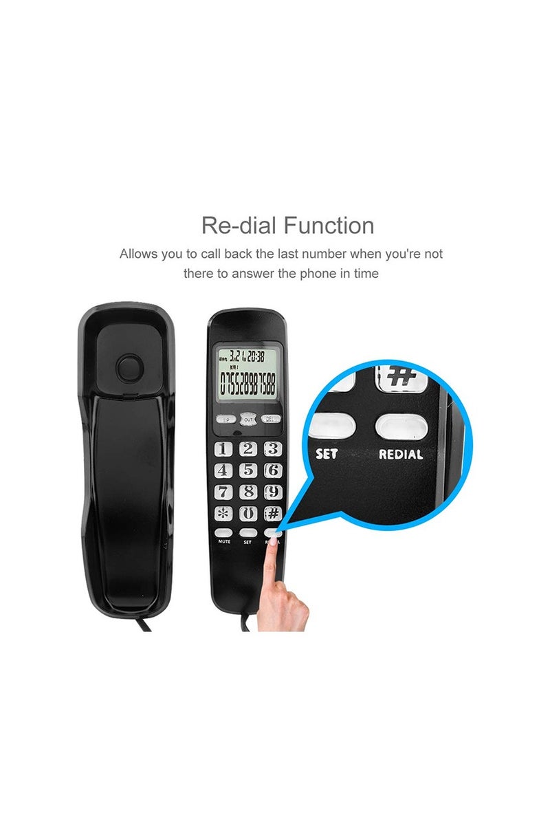 Mini Wired DTMF/FSK Wall-Mount Telephone with LCD Display for Caller ID, Home/Office/Hotel Landline Phone with 38-Number Memory/Redial Function (Black) - Image 4