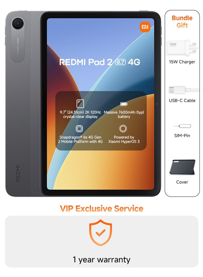 شاومي REDMI Pad 2 9.7-inch Tablet Graphite Grey 4GB RAM 128GB 4G With Cover - Middle East Version - Image 1