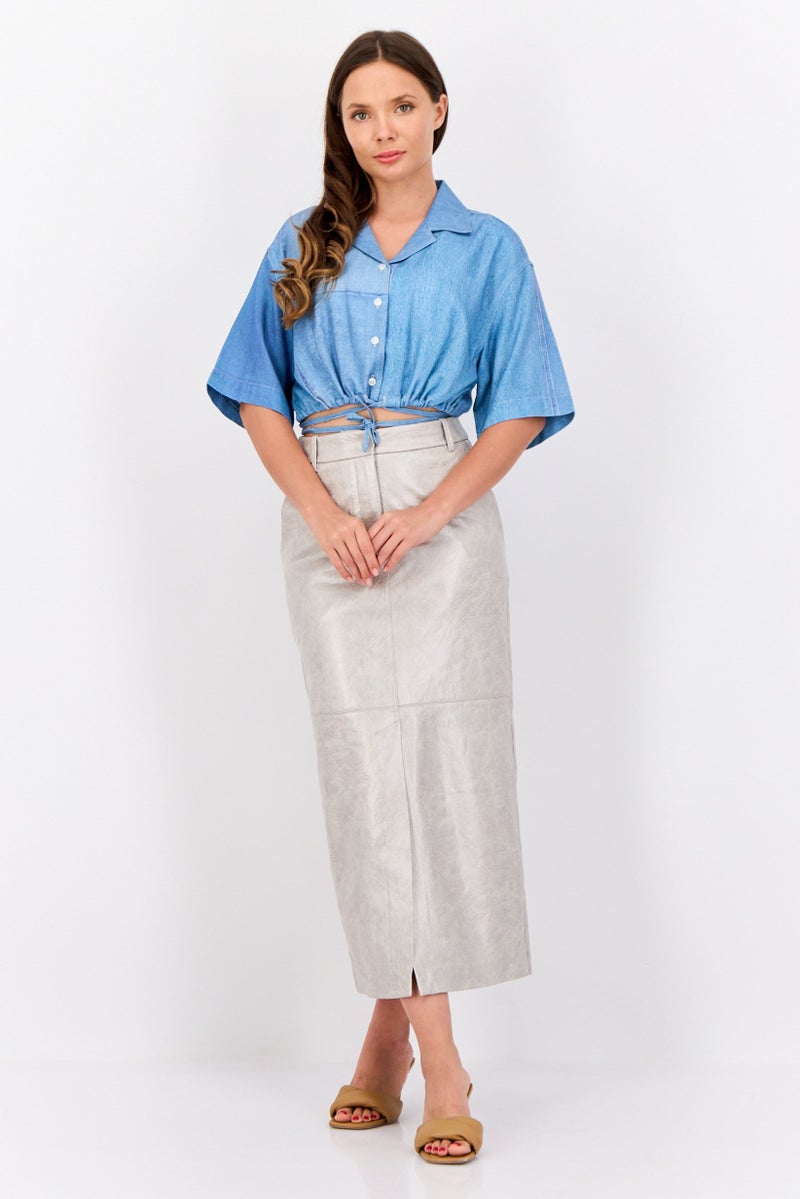 ESPRIT بلوزة قصيرة الأكمام بياقة ناعمة للنساء، زرقاء - Image 2