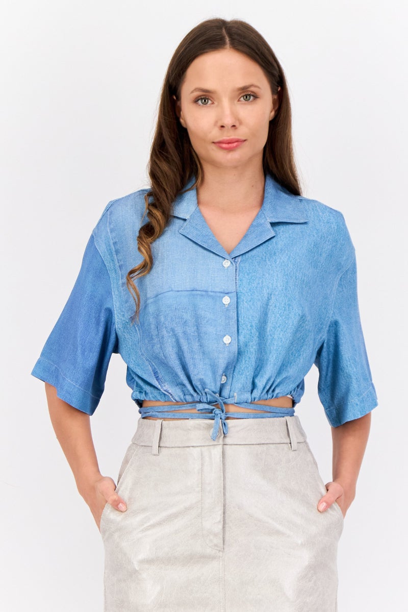 ESPRIT بلوزة قصيرة الأكمام بياقة ناعمة للنساء، زرقاء - Image 1