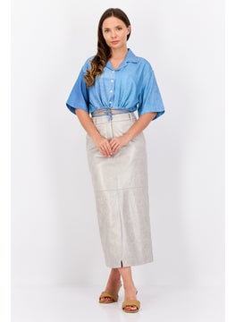 ESPRIT Women Noched Collar Short Sleeve Washed Blouse, Blue  - Image 2