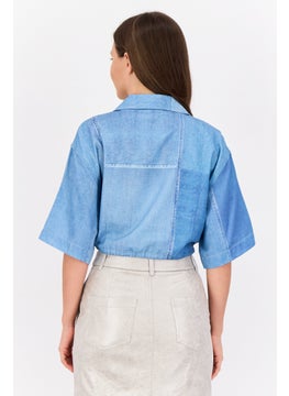 ESPRIT Women Noched Collar Short Sleeve Washed Blouse, Blue  - Image 4