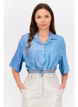 ESPRIT Women Noched Collar Short Sleeve Washed Blouse, Blue  - Image 1