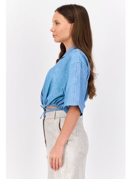 ESPRIT Women Noched Collar Short Sleeve Washed Blouse, Blue  - Image 3