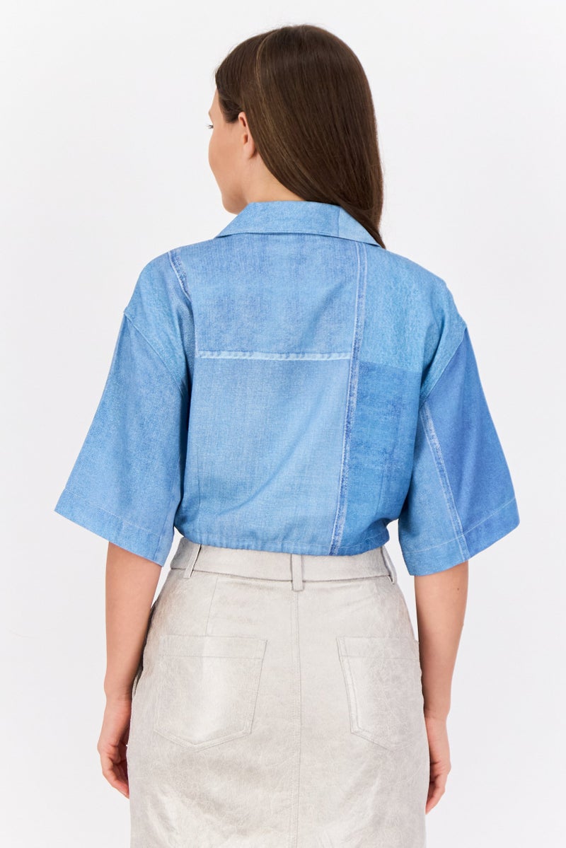 ESPRIT بلوزة قصيرة الأكمام بياقة ناعمة للنساء، زرقاء - Image 4