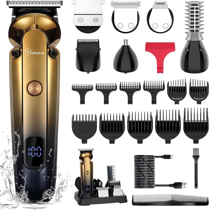 Hatteker Mens Beard Trimmer Kit Electric Razor Shaver Professional Hair Clipper with Zero Gapped TBlade Trimmer Nose Ear Beard Body Trimmer for Men Waterproof Cordless Grooming Kit 6 in 1