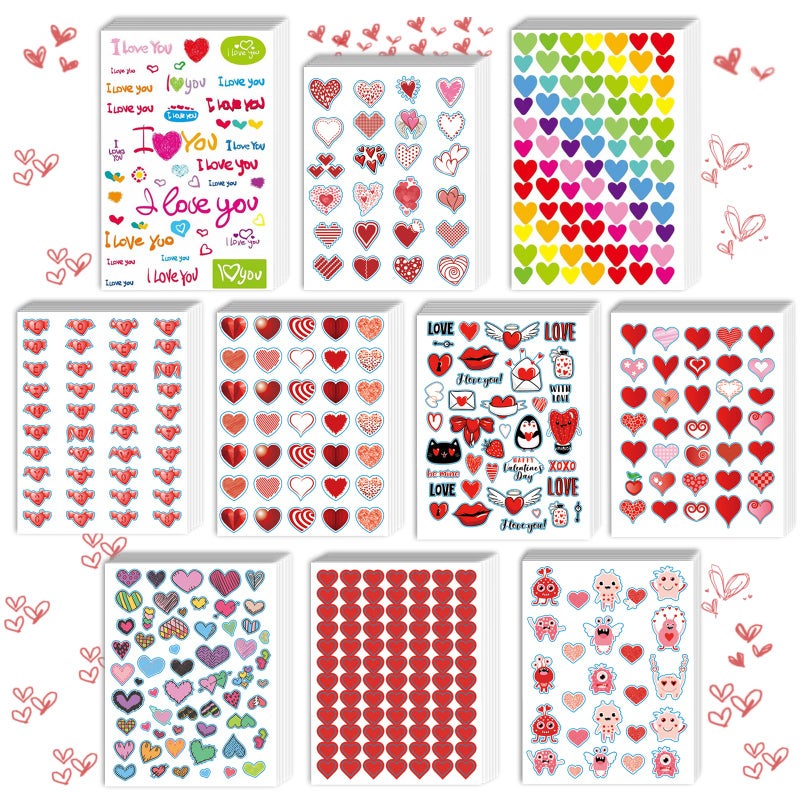 kortes 50Sheets Valentines Heart Stickers with 10 Different Designs of 2140 pcs Valentines Day Stickers Party Supply Classroom Reward for Kids Pack 01