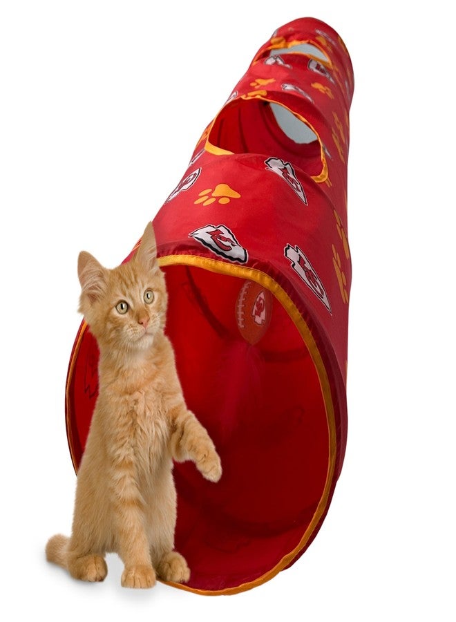 Pets First NFL Kansas City Chiefs Cat Tunnel Tube Toy with Plush Football Catnip and Feathers Collapsible Tunnel for Cats to Play, Peek and Hide, Sporty & Fun Cat Tunnel Toy with Team Logo All-Over Design! - Image 3