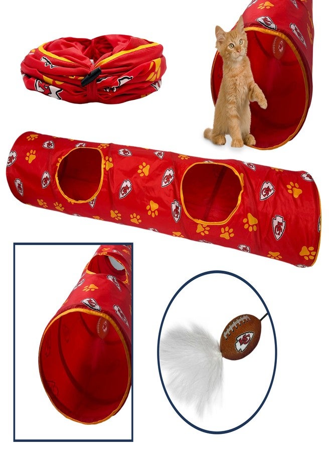 Pets First NFL Kansas City Chiefs Cat Tunnel Tube Toy with Plush Football Catnip and Feathers Collapsible Tunnel for Cats to Play, Peek and Hide, Sporty & Fun Cat Tunnel Toy with Team Logo All-Over Design! - Image 2
