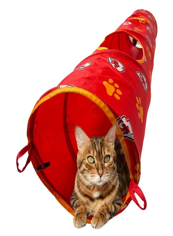 Pets First NFL Kansas City Chiefs Cat Tunnel Tube Toy with Plush Football Catnip and Feathers Collapsible Tunnel for Cats to Play, Peek and Hide, Sporty & Fun Cat Tunnel Toy with Team Logo All-Over Design! - Image 1