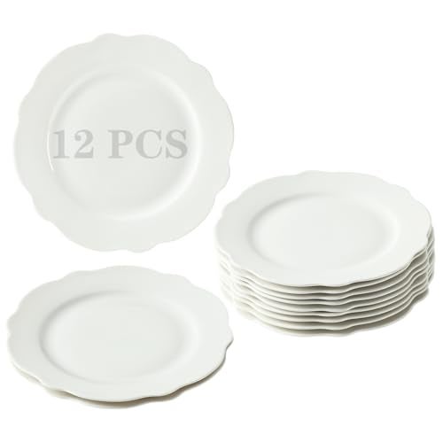 BABALIU 7.5 Inch Porcelain Small Dinner Plates Set of 12, White Leave Wave Rim Appetizer Plates, Dessert Salad Plates, Ceramic Serving Dishes for Cake, Snack, Ice Cream, Waffles, Microwave, Dishwasher Safe - Image 1