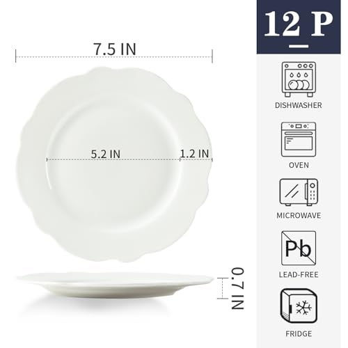 BABALIU 7.5 Inch Porcelain Small Dinner Plates Set of 12, White Leave Wave Rim Appetizer Plates, Dessert Salad Plates, Ceramic Serving Dishes for Cake, Snack, Ice Cream, Waffles, Microwave, Dishwasher Safe - Image 4