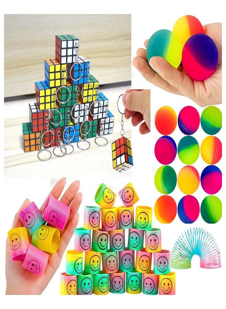 Pack of 54 Party Favors – 30 Pcs Mixed Color Bouncy Balls, 12 Pcs Mini Magic Cube Keychain Puzzles, 12 Pcs Mini Spring Toys – Fun Goodie Bag Fillers for Kids, Birthday Gifts for Ages 4-8 - Image 1