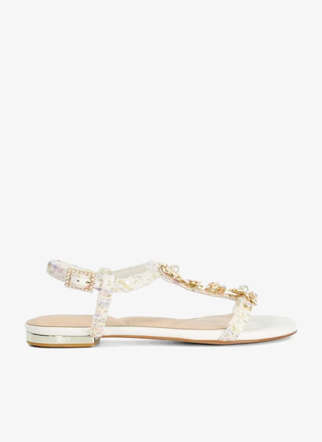 Floral Embellished Ankle Strap Flat Sandals