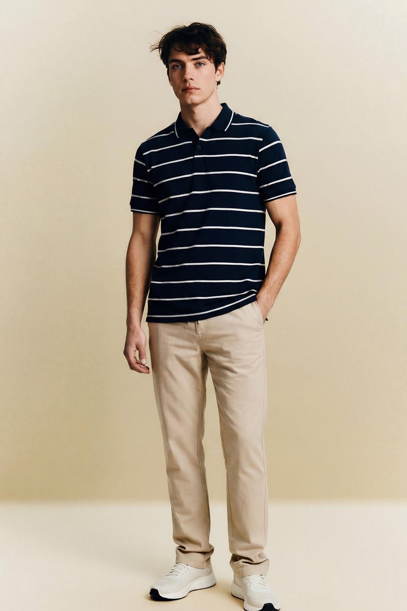 DeFacto Blue Man Striped Polo T-Shirt Casual - Image 2
