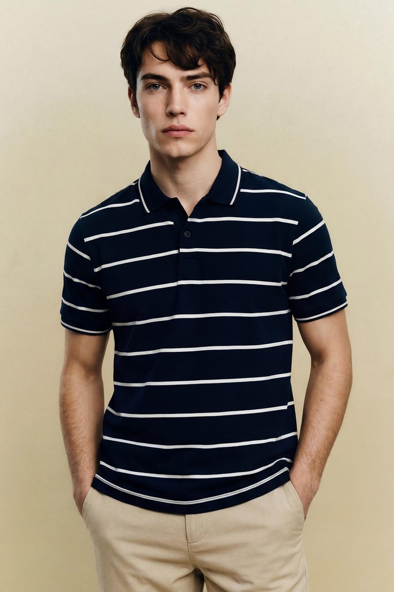 DeFacto Blue Man Striped Polo T-Shirt Casual - Image 1