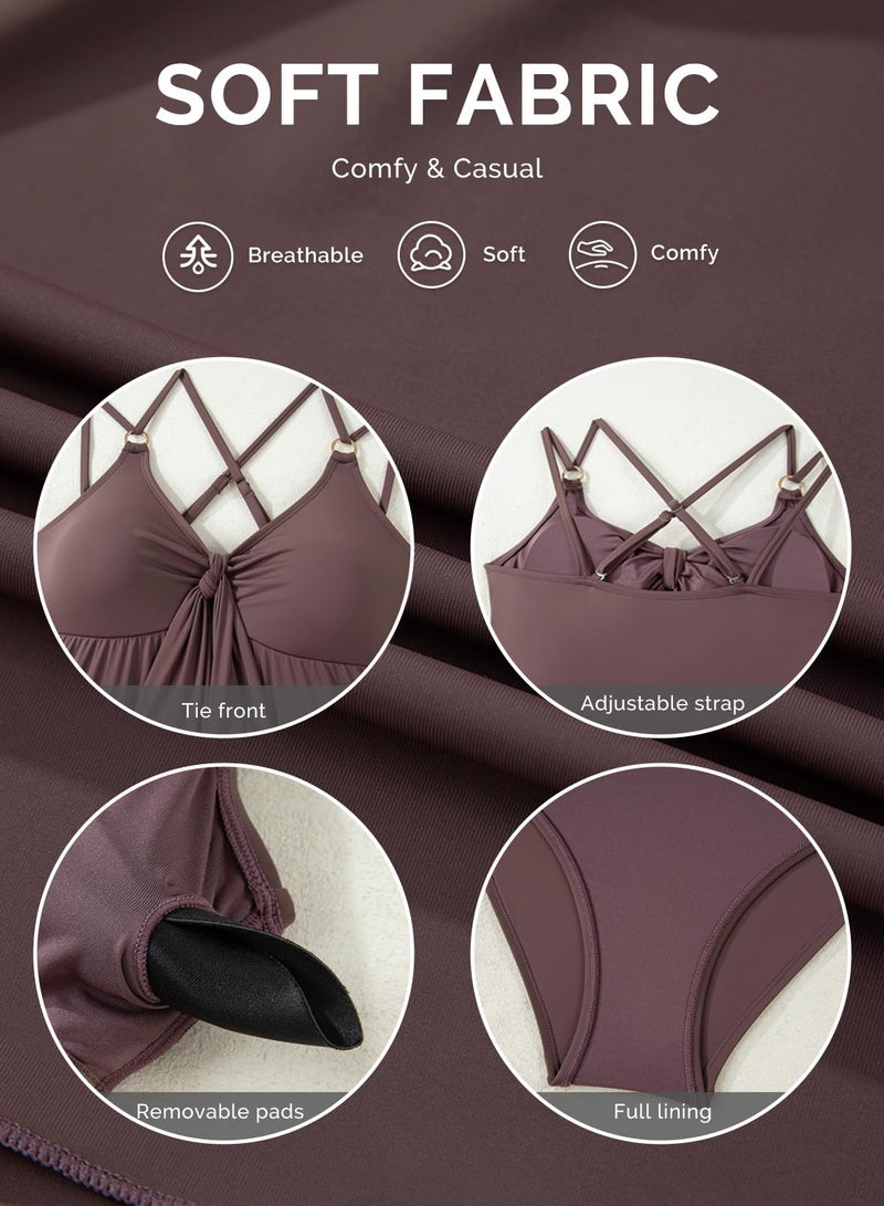 Aleumdr Womens Swimsuits Tankini Sets Flowy 2 Piece Bathing Suit V Neck Tie Knot Swim Top with Tummy Control Bottom Coffee X-Large - Image 5