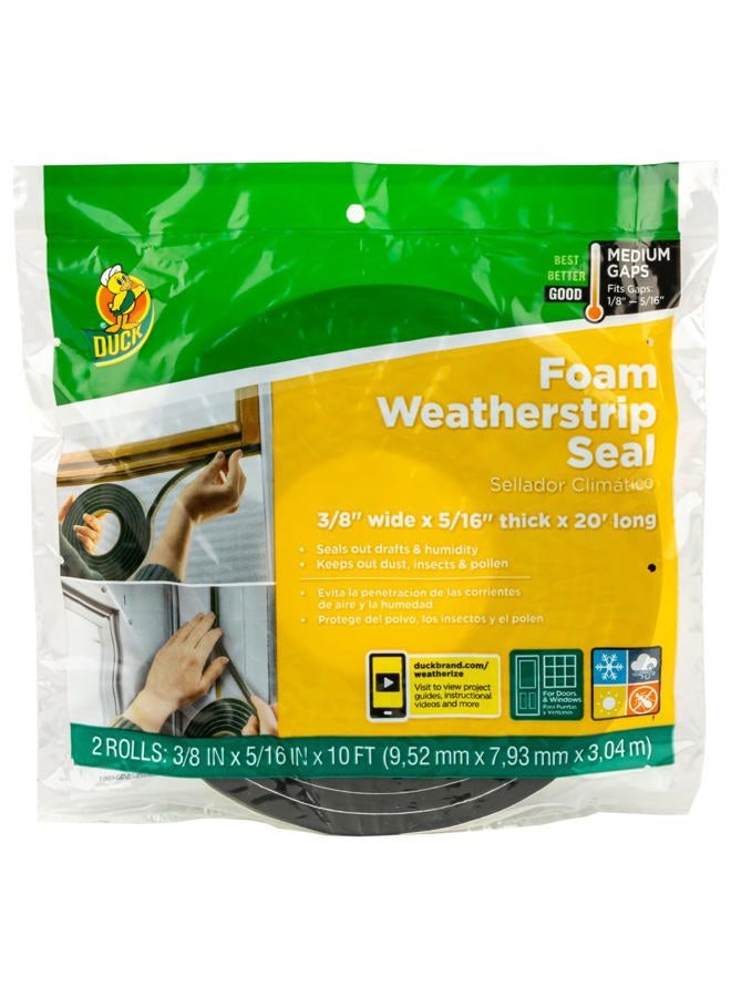Duck Brand Self Adhesive Foam Weatherstrip Seal for Extra Large Gaps, 20 Total Feet, Window and Door Seal Strip Foam Tape, 3/8-Inch Wide x 5/16-Inch Thick x 10-Feet Long, 2 Rolls, Charcoal (285645) - Image 1