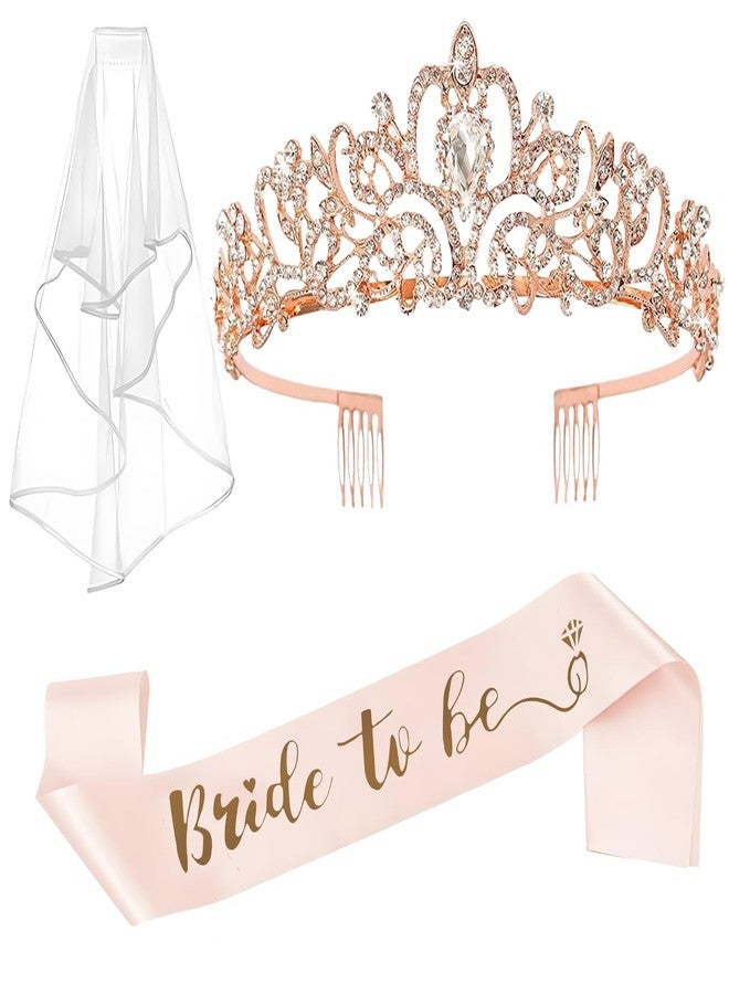 QIFU Bachelorette Party Decorations - 3pcs Bridal Shower Decorations include Bride to Be Crown Sash Veil for Women Bachelorette Hen Party Favors Accessories Wedding Decor Bridal Shower Gifts (Rose Gold) - Image 1