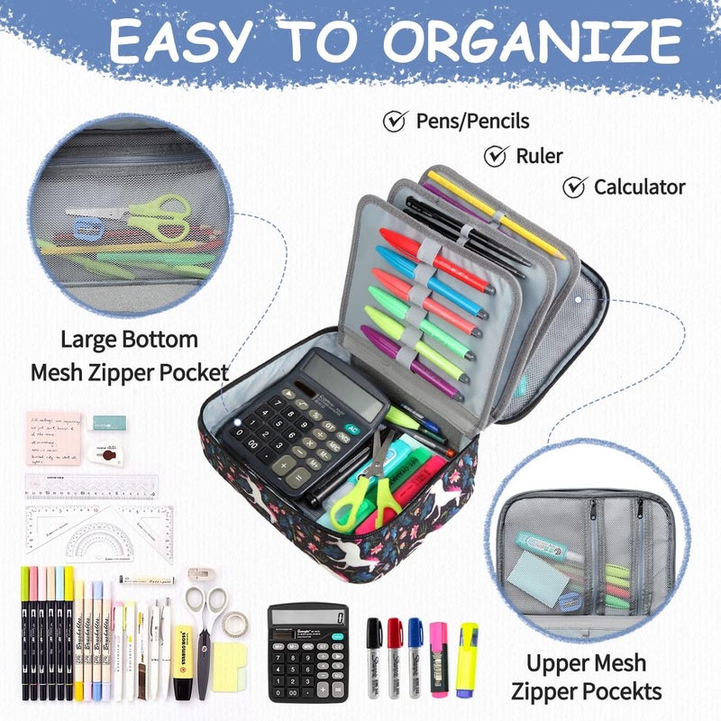 Vaschy Large Pencil Case, VASCHY Pencil Case with 3 Detachable Layers Multiple Zipper Pockets for School Office Stationary Organization, Black Unicorn, G - Image 3