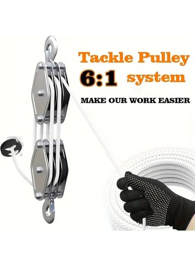White Heavy Duty Triple Wheel Pulley Hoist 6 1 Gear Ratio 590 Inch Rope - Image 2