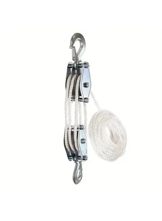 White Heavy Duty Triple Wheel Pulley Hoist 6 1 Gear Ratio 590 Inch Rope - Image 1