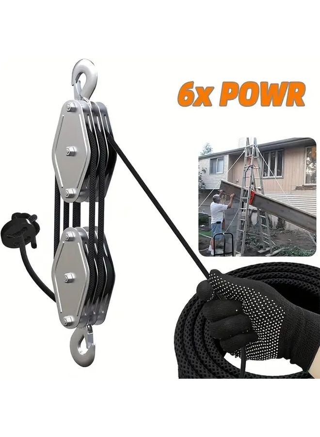 White Heavy Duty Triple Wheel Pulley Hoist 6 1 Gear Ratio 590 Inch Rope - Image 5
