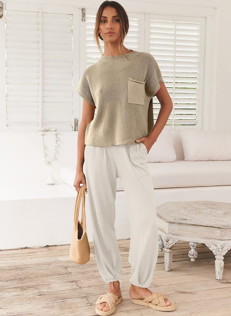 Women's Two Piece Outfits Sweater Sets Knit Pullover Tops and High Waisted Pants Tracksuit Lounge Sets - Image 2