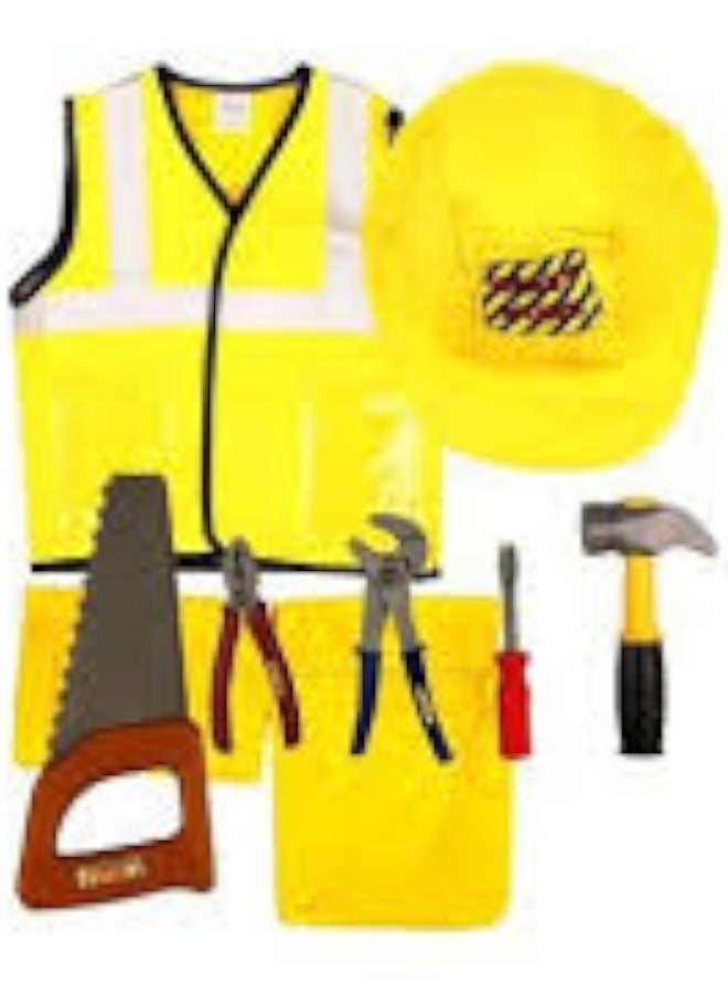 Toy Box Construction Worker Costume Kids Role Play Pretend Dress up Set With Tools for Kids 4-8 Year Old Yellow - Image 2