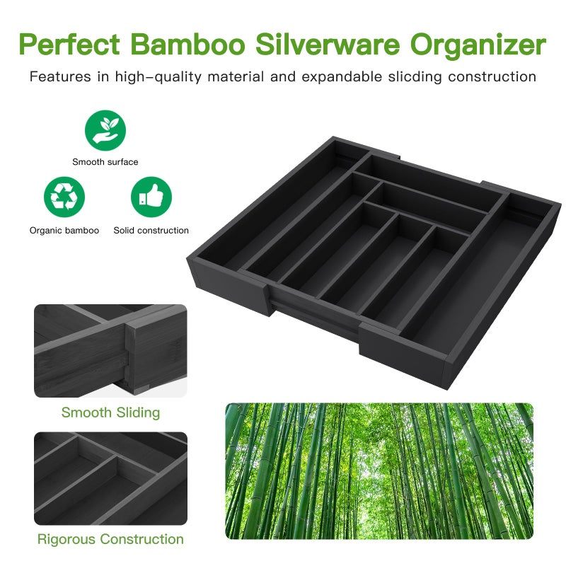 Pipishell Bamboo Expandable Drawer Organizer for Utensils Holder, Adjustable Cutlery Tray, Wood Drawer Dividers Organizer for Silverware, Flatware, Knives in Kitchen, Bedroom, Living Room (Black) - Image 3