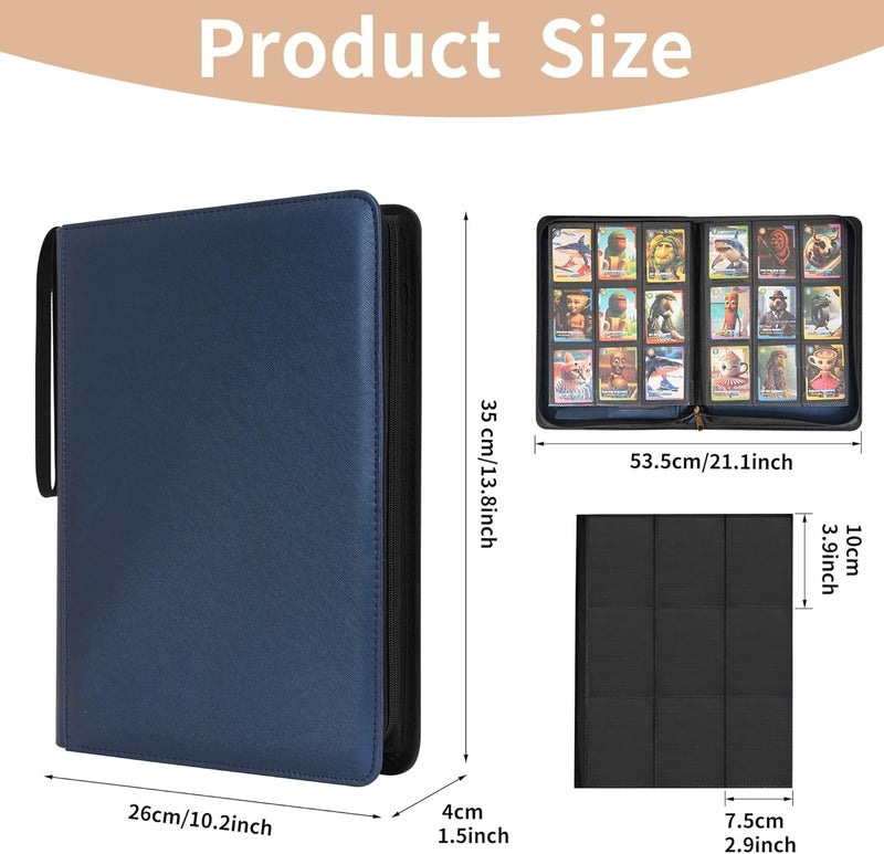 WONDERPOOL 9-Pocket Trading Cards Folder with Zipper for 540 Cards Leather PU Card Holder Folders Storage Albums 30 Side Loader Pages for MTG TCG Game Slim Sports Cards Collectible (Blue) - Image 2