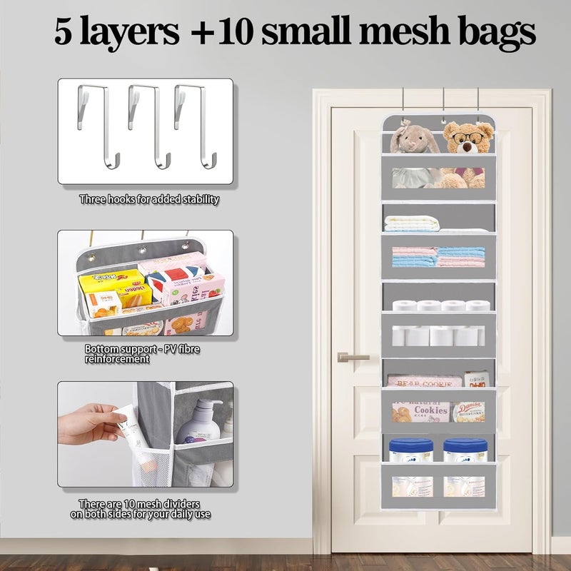 XBEY Over The Door Organizer with 5 Large Pockets 10 Side Mesh Pockets, Door Hanging Organizer for Bedroom, Wall Door Cloth Wardrobe Hanging Storage (Cream 5 Shelves Door Organizer) - Image 4