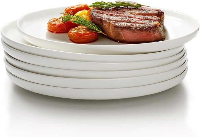 WHITE DINNER PLATES WITH LIP EDGE SET OF 6 SALAD PLATE 8INCH CERAMIC DESSERT PLATES FOR KITCHEN MICROWAVE DISHWASHER SAFE SCRATCH RESISTANT GREAT GIFT