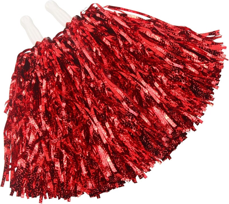 AK ANOLIHK® Metallic Cheerleader Pompoms Sports Dance Cheer Party Accessories Pom Poms Hand Flowers with Plastic Handle for Kids Adults Rooters,Cheering Squard,Cheering Team, Pack of 2 (RED New) - Image 1