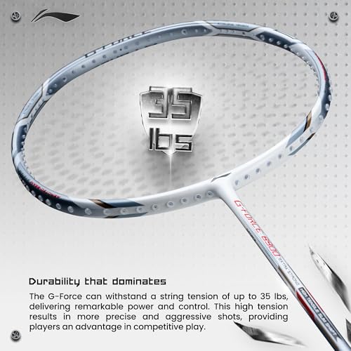 Li-Ning Carbon Fibre G-Force 8900 Extra Strong Strung Badminton Racket with Full Cover | 3U | Maximum Tension ? 35 Lbs (White/Silver) - Image 2