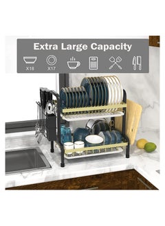 Arabest Dish Rack, 2 Tier Dish Rack Drainer Set, Large Anti-Rust Dishwasher with Drip Tray Knife Holder, Kitchen Dishwasher Cutting Board Holder Dishwasher Drying Rack for Counter (Black)  - Image 2
